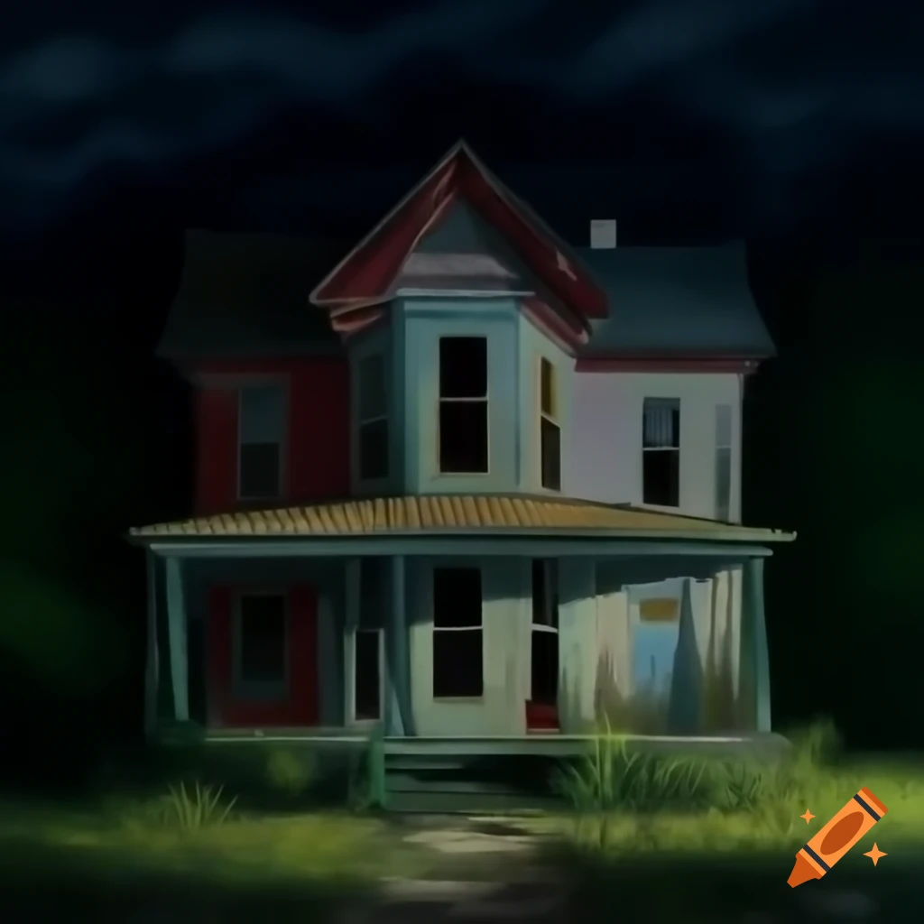 Front porch of abandoned old house at night, 1930s style painting