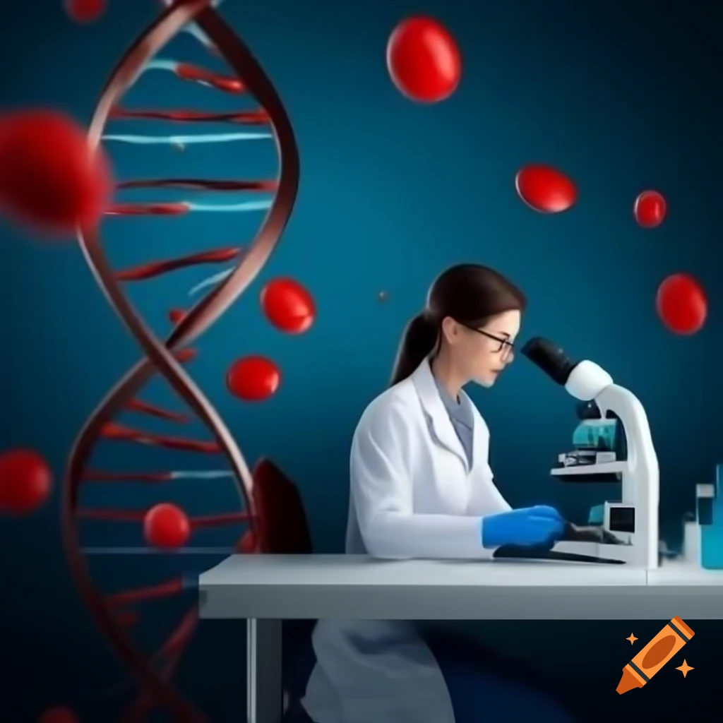 Female pathologist in futuristic lab with microscope and DNA double helix