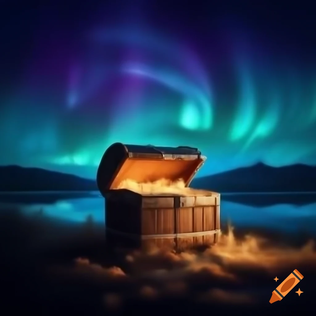 Treasure chest under starry night sky with aurora borealis