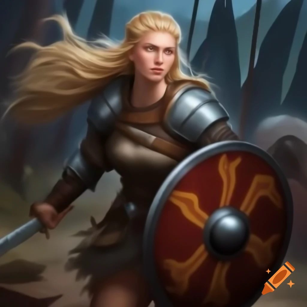Viking shield-maiden in horned armor standing triumphantly with braids