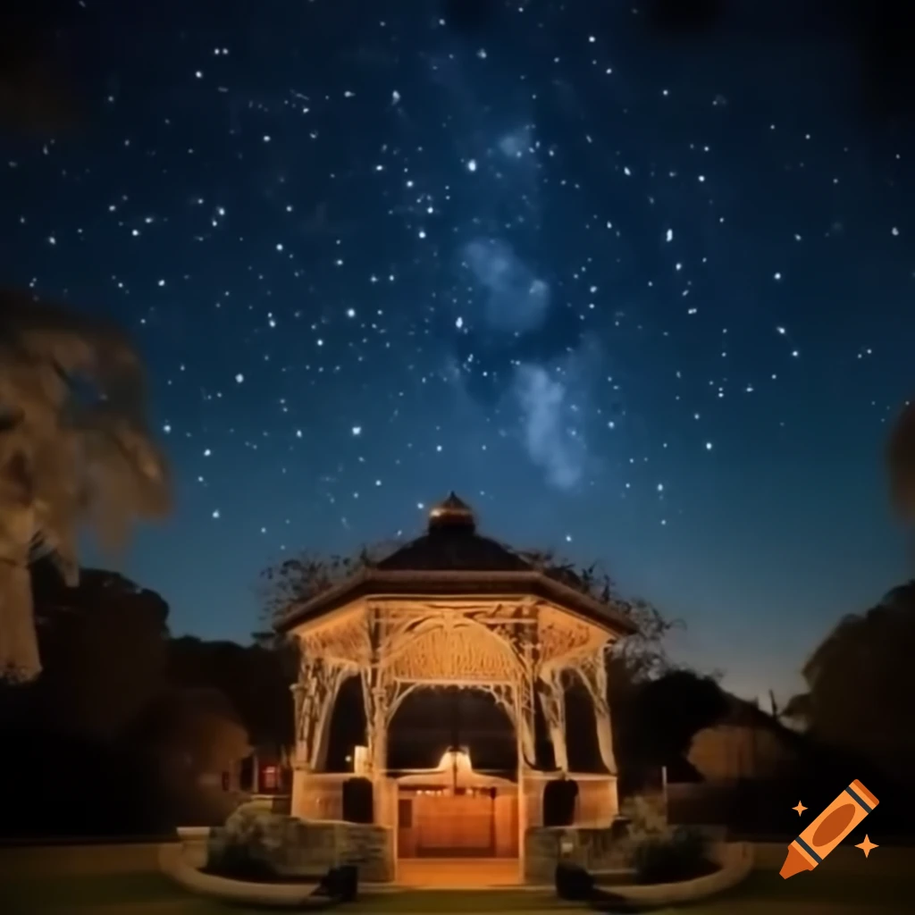 Romantic gazebo illuminated by stars in lush garden at night