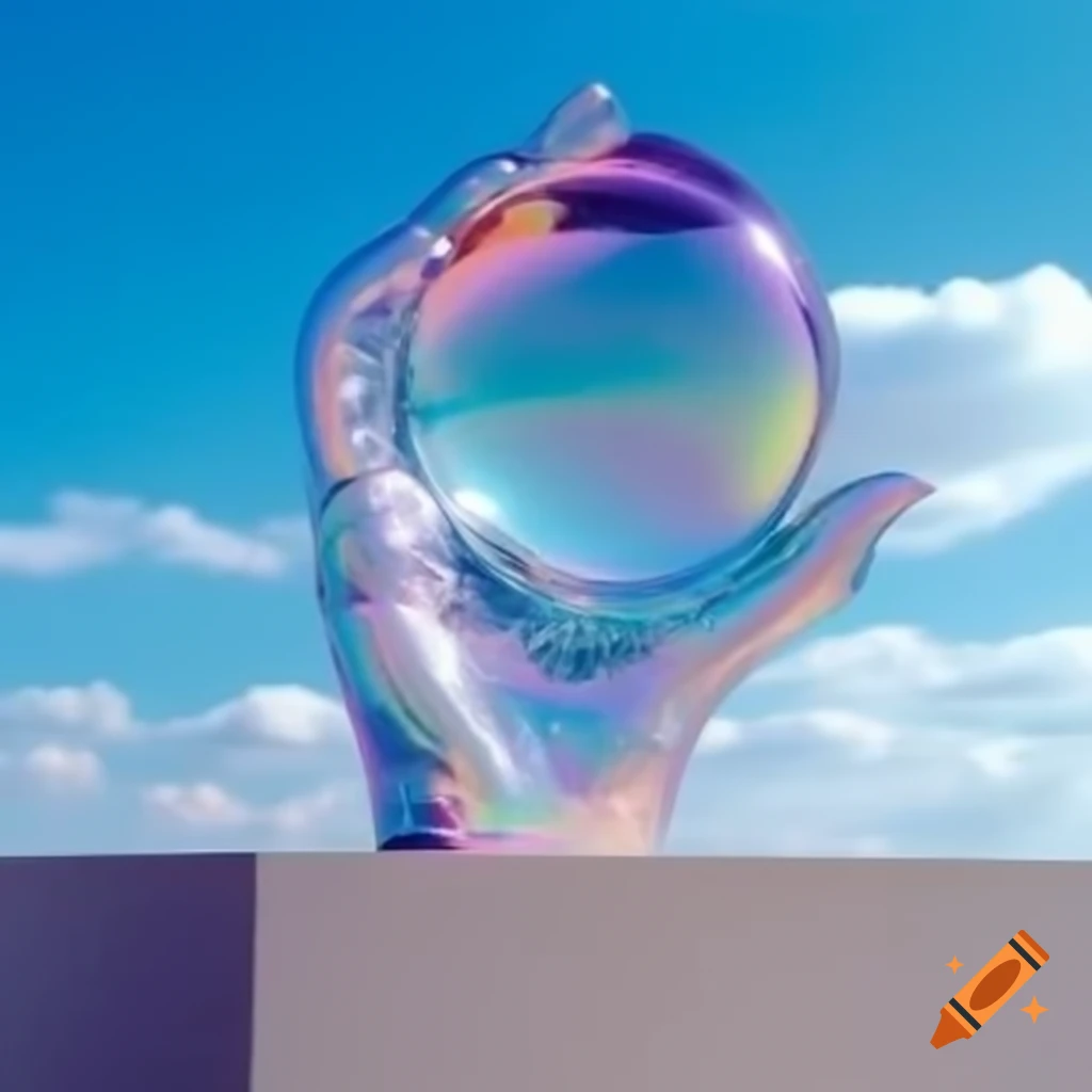 Iridescent glass statue in bright sky, pop surrealism 2000s photography