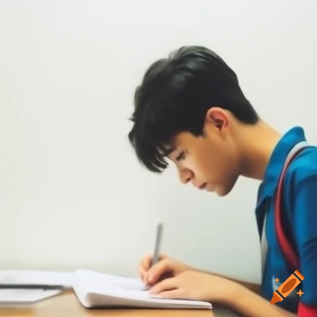 College student writing exam on white background with space for notes