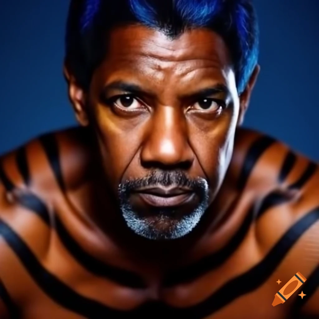 Muscular figure with tiger-style makeup featuring blue hair and orange skin