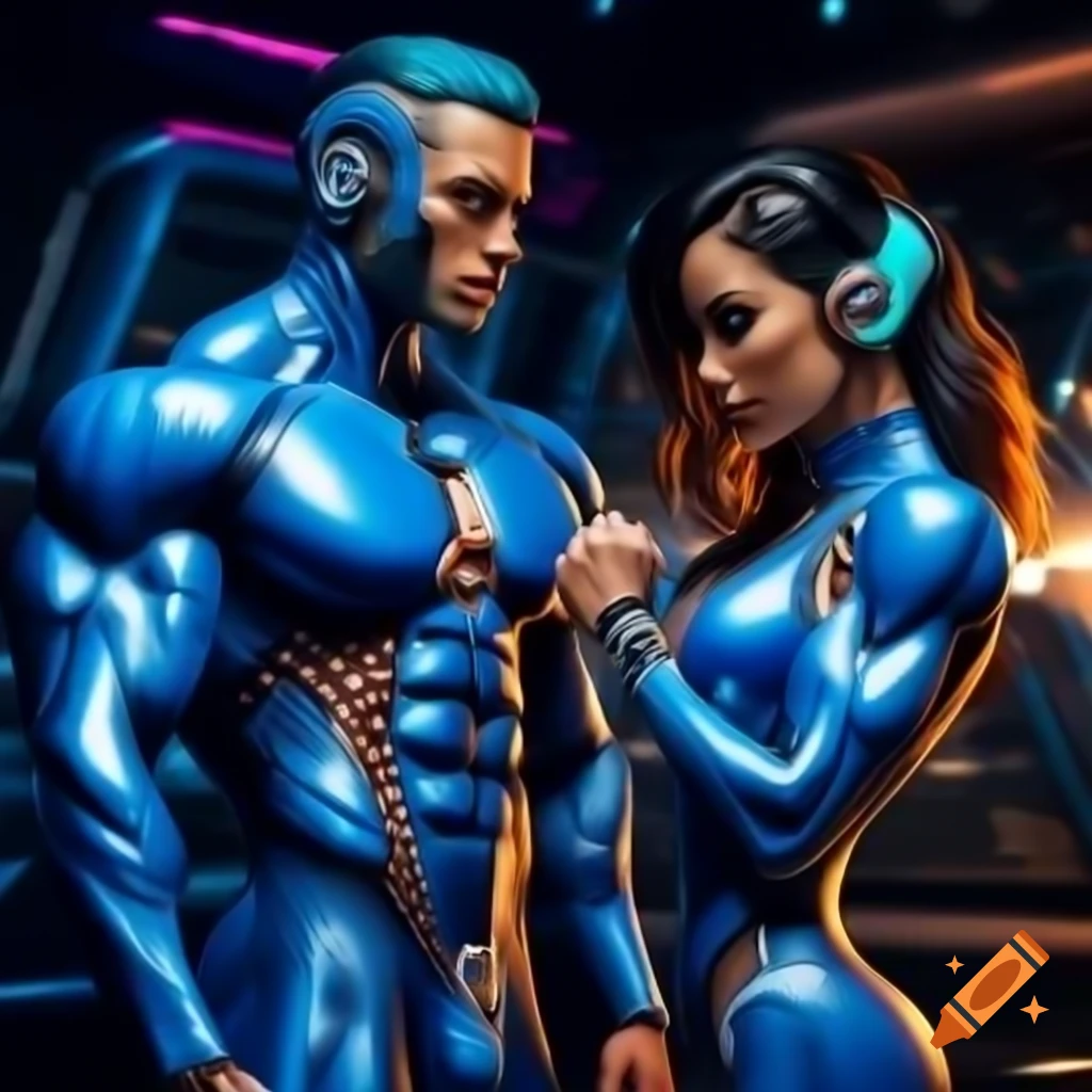 Futuristic couple with cyborg bodies strategizing in stardust