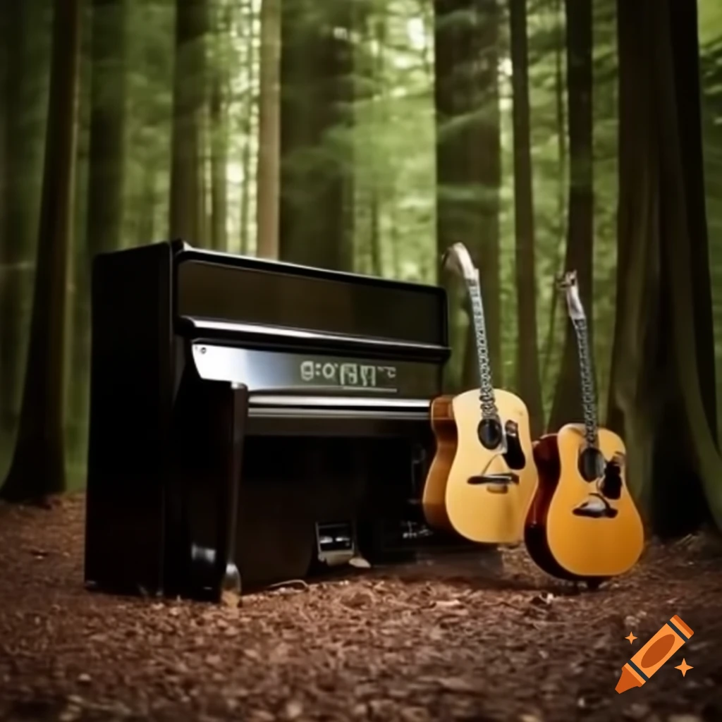 Upright piano and acoustic guitar showcased in the woods