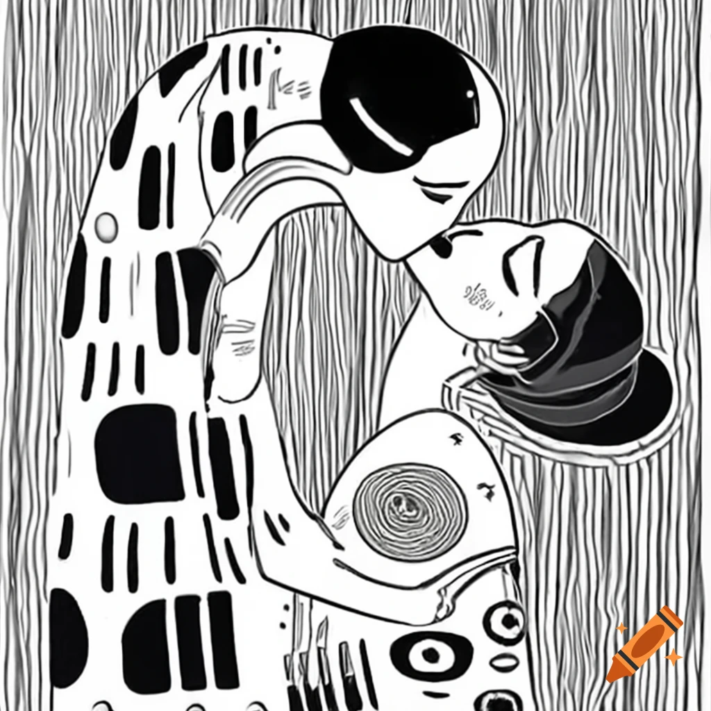 Black and white linocut of a couple kissing in Gustav Klimt style