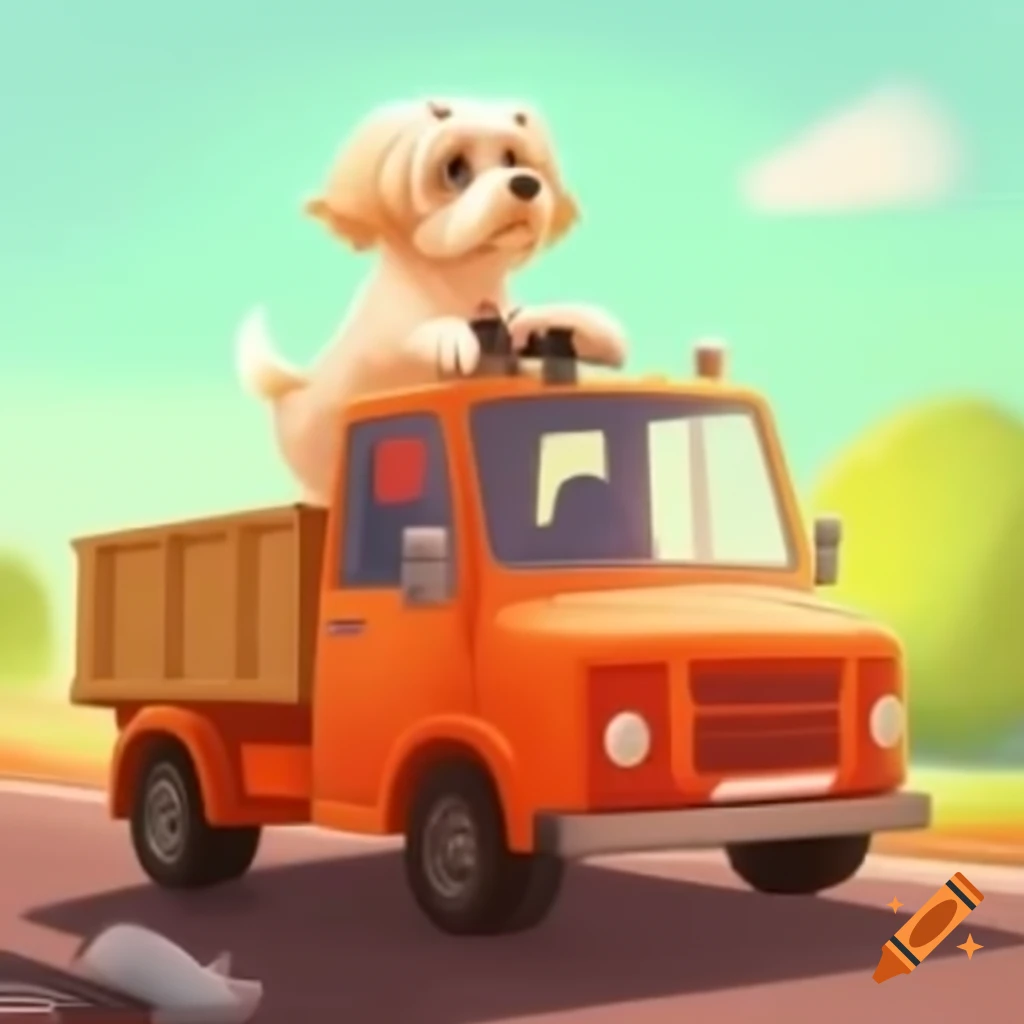 Maltese dog animatedly driving Scania truck from cab