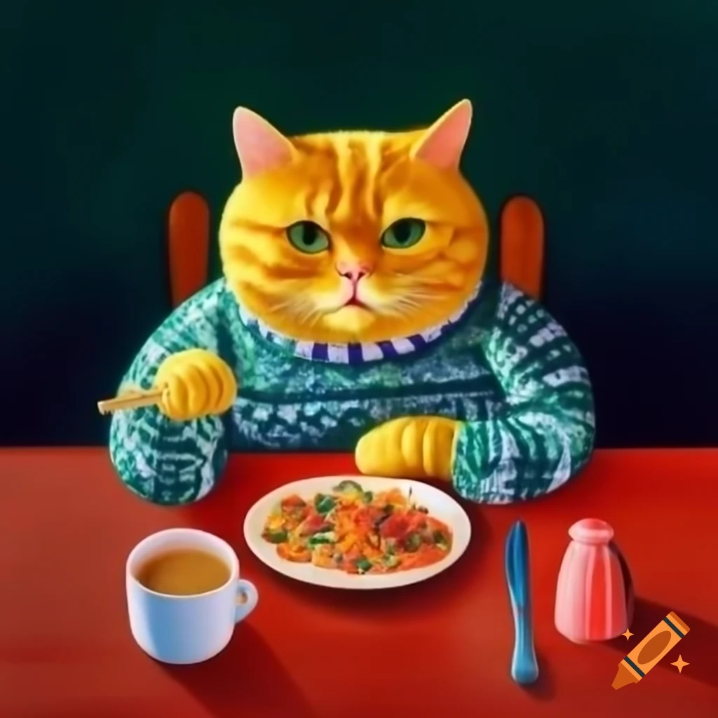 Realistic yellow cat in cute clothes enjoying dinner at the table