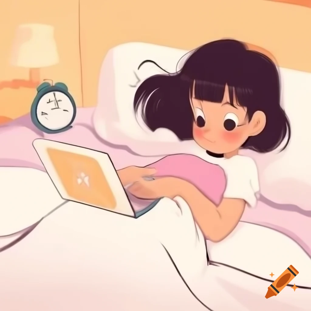 Cute girl lying on bed watching anime on iPad, simple drawing style