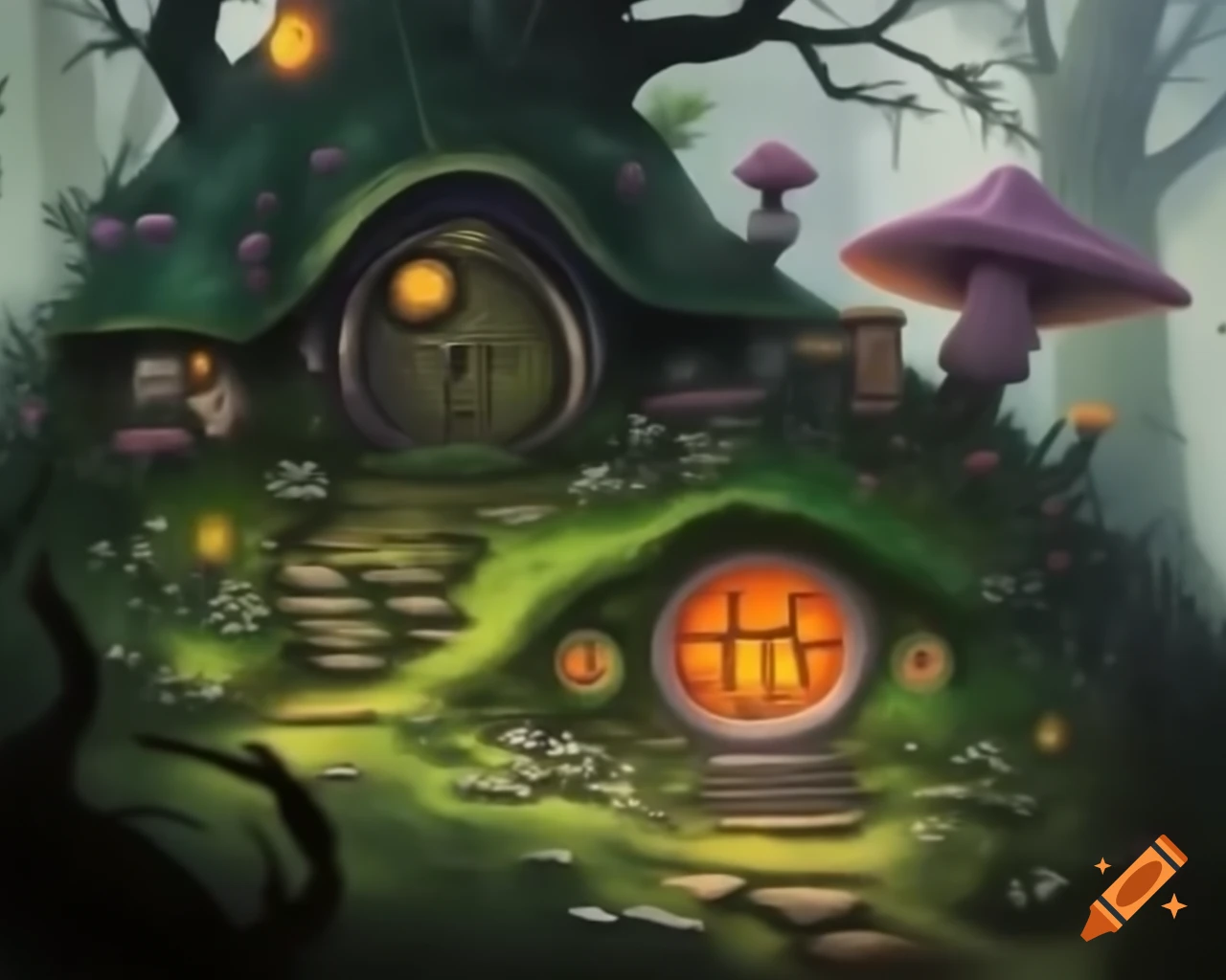 Mossy hobbit house and mushroom house in dark fantasy watercolor style