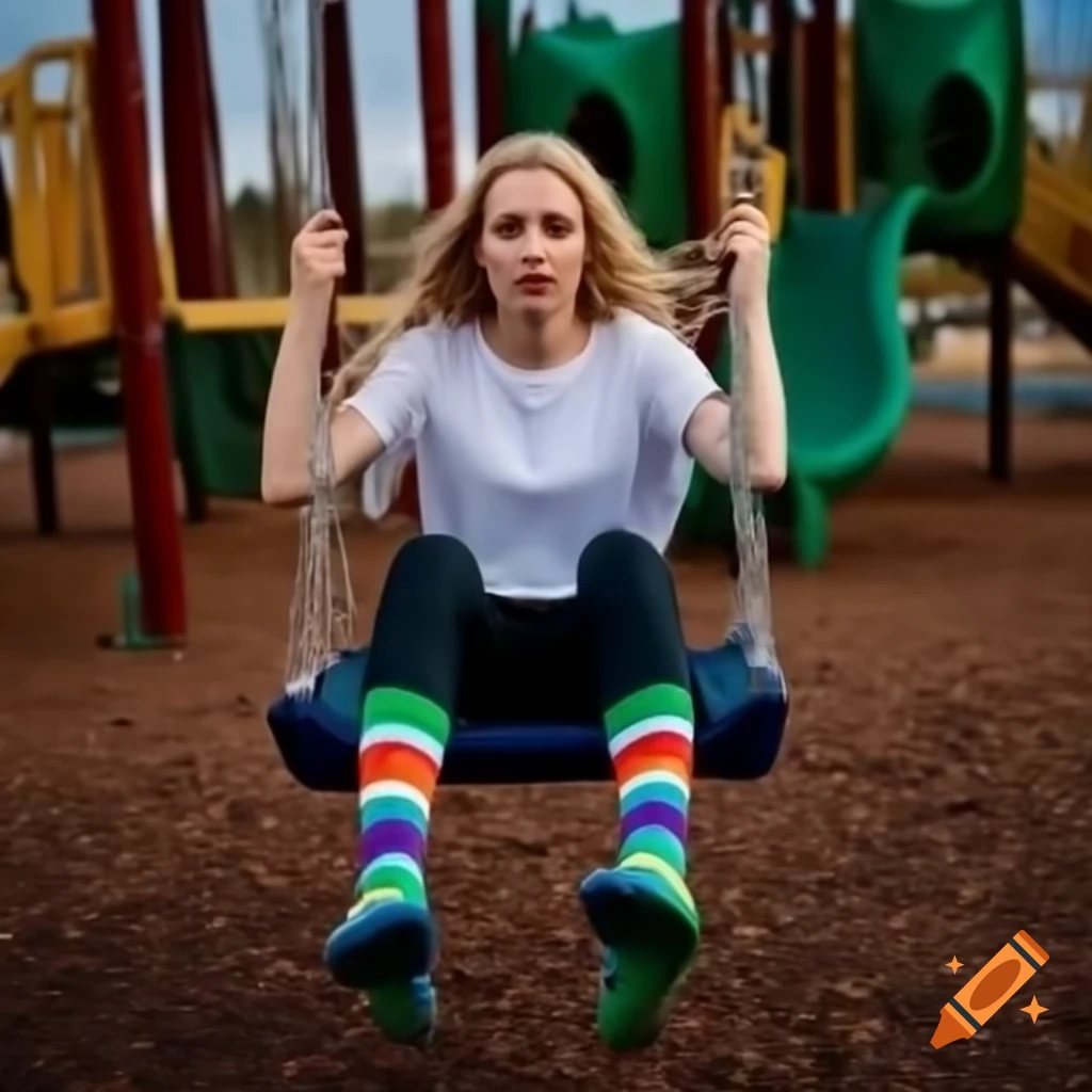 Woman swinging in playground showcasing colorful striped ankle socks