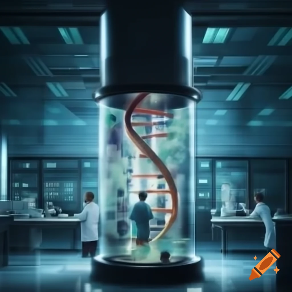 Researchers in huge test tube within modern laboratory, showcasing DNA and chromosomes