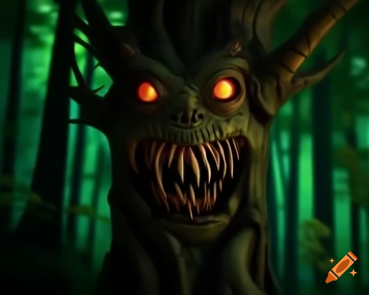 3D CGI anime artwork of a tree monster with a bark humanoid face and trees growing on its body