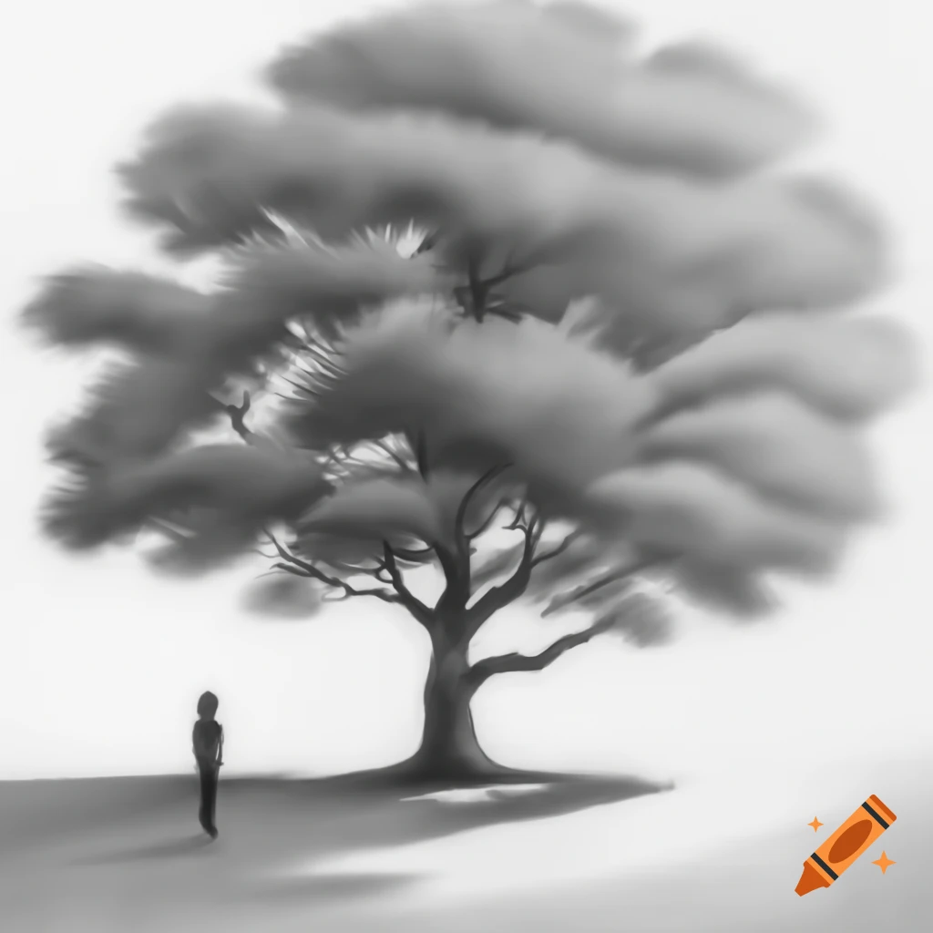Pencil sketch of large oak tree with woman standing underneath casting shadow