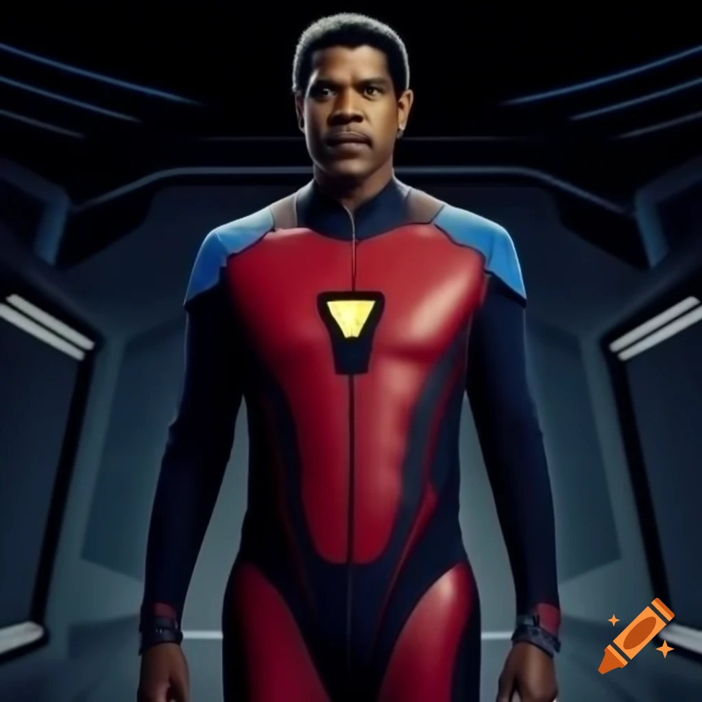 Denzel Washington in futuristic suit with red and black pattern