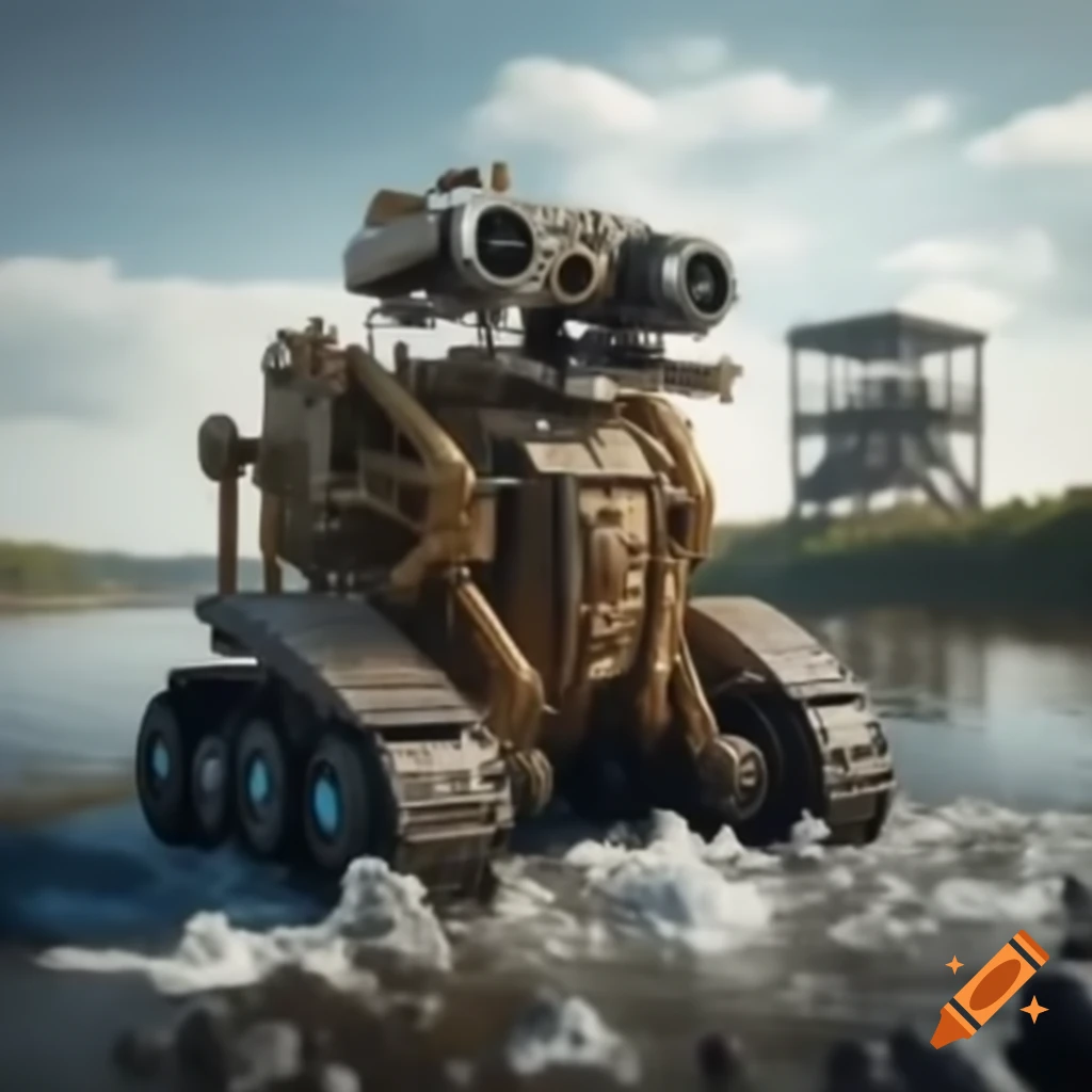 Trash skimming robot cleaning river with propellers and paddles