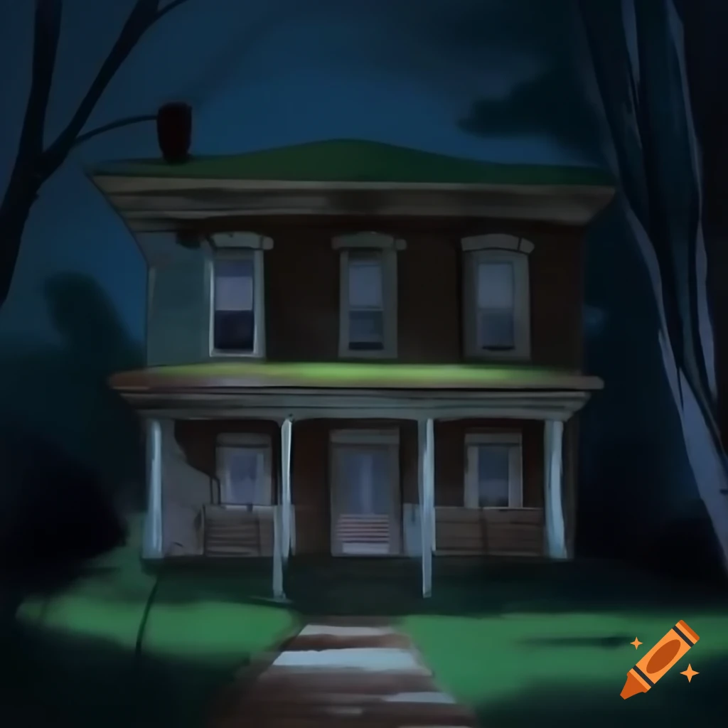 Front porch of abandoned old house at night, 1930s style painting