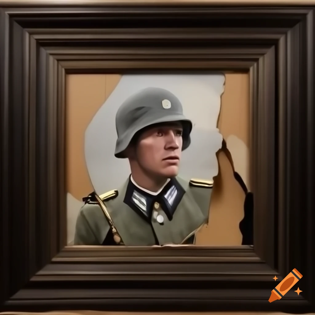 Old cracked painting of historical soldier from World War II
