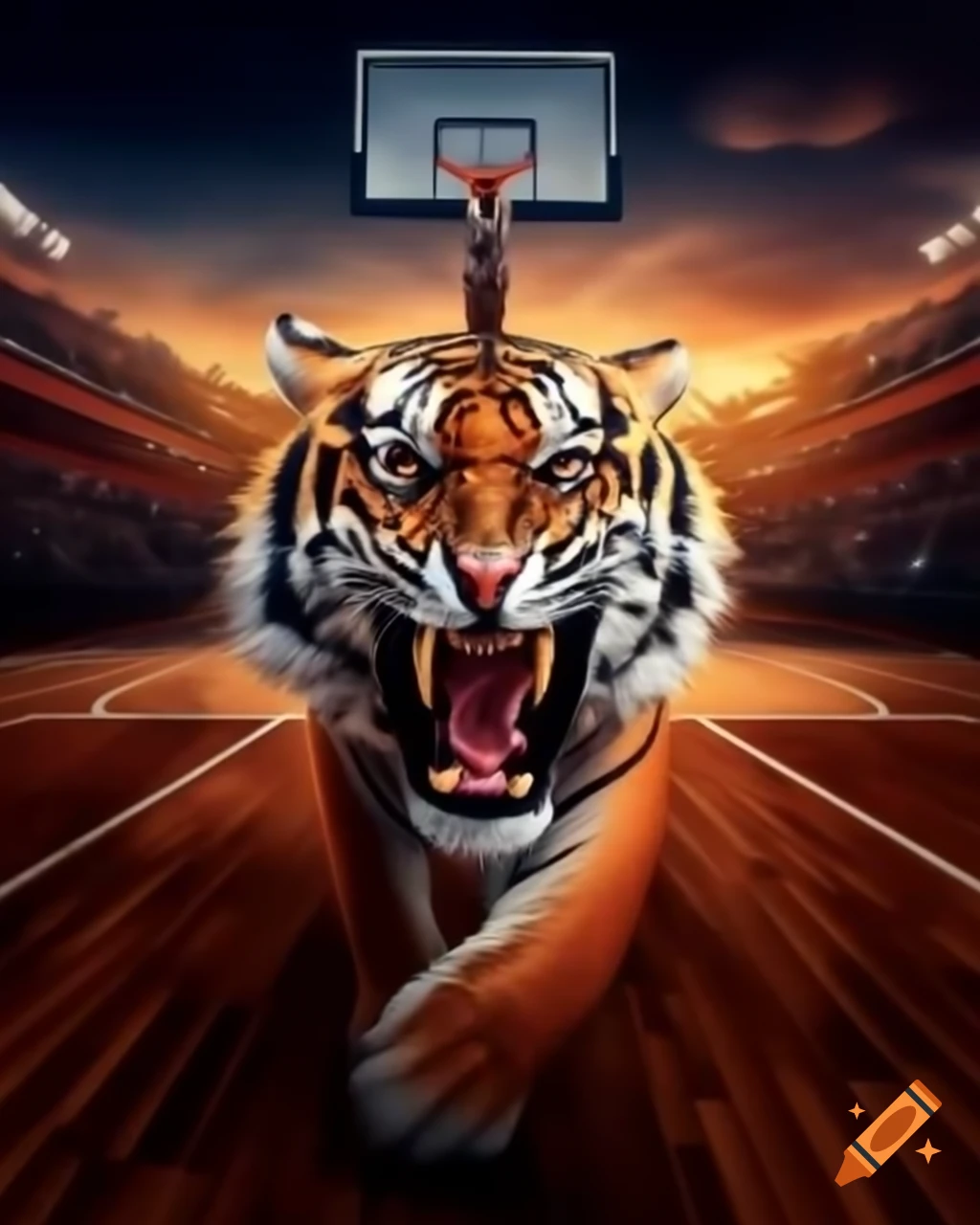 Roaring tiger in foreground with Villeurbanne basketball hall and sunset background
