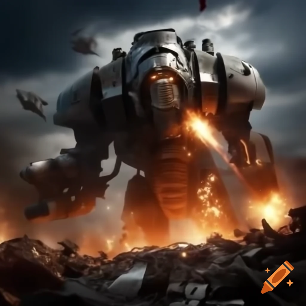 Apocalyptic war scene with armored core taking damage from explosions
