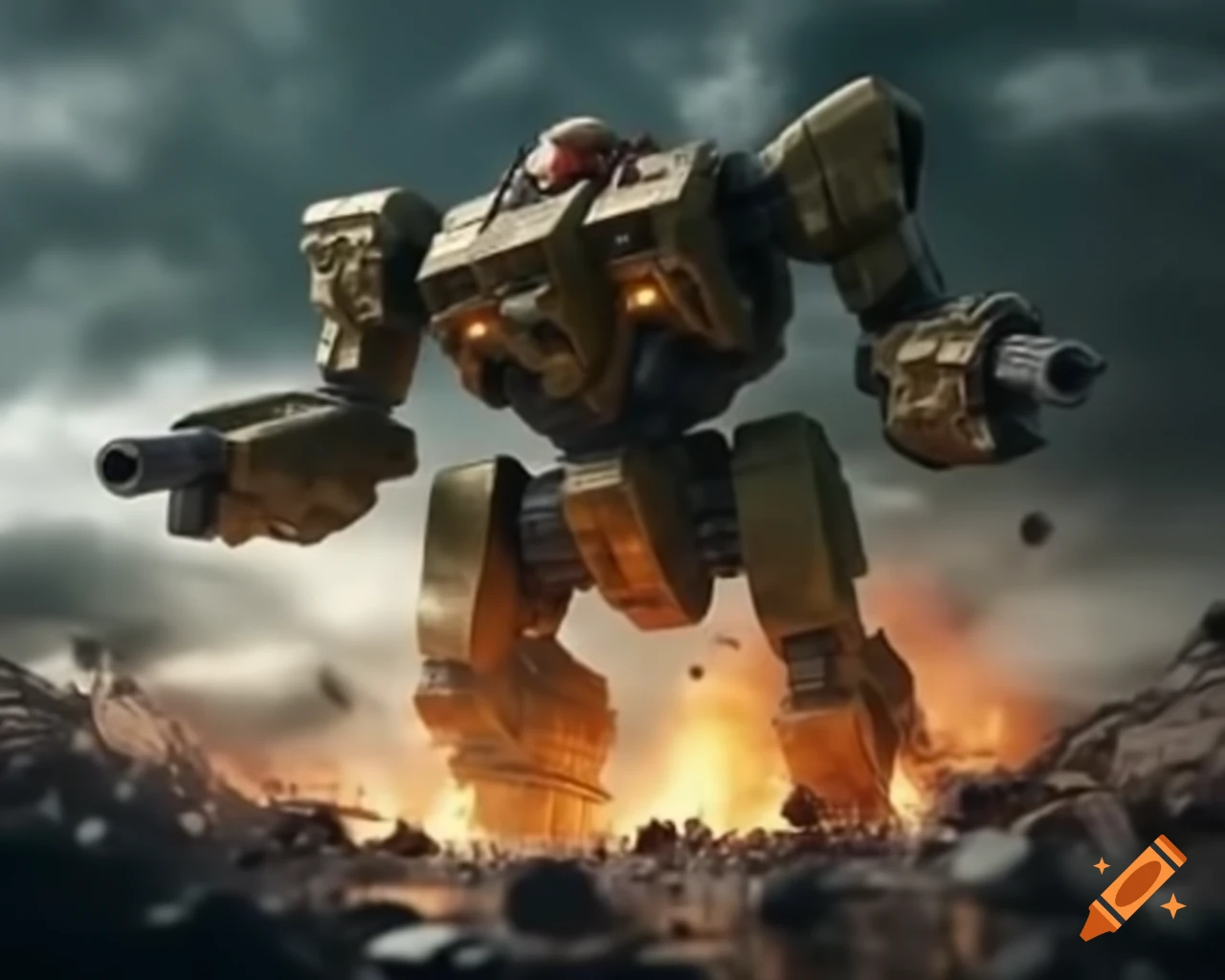 Mecha falling with explosion on its chest
