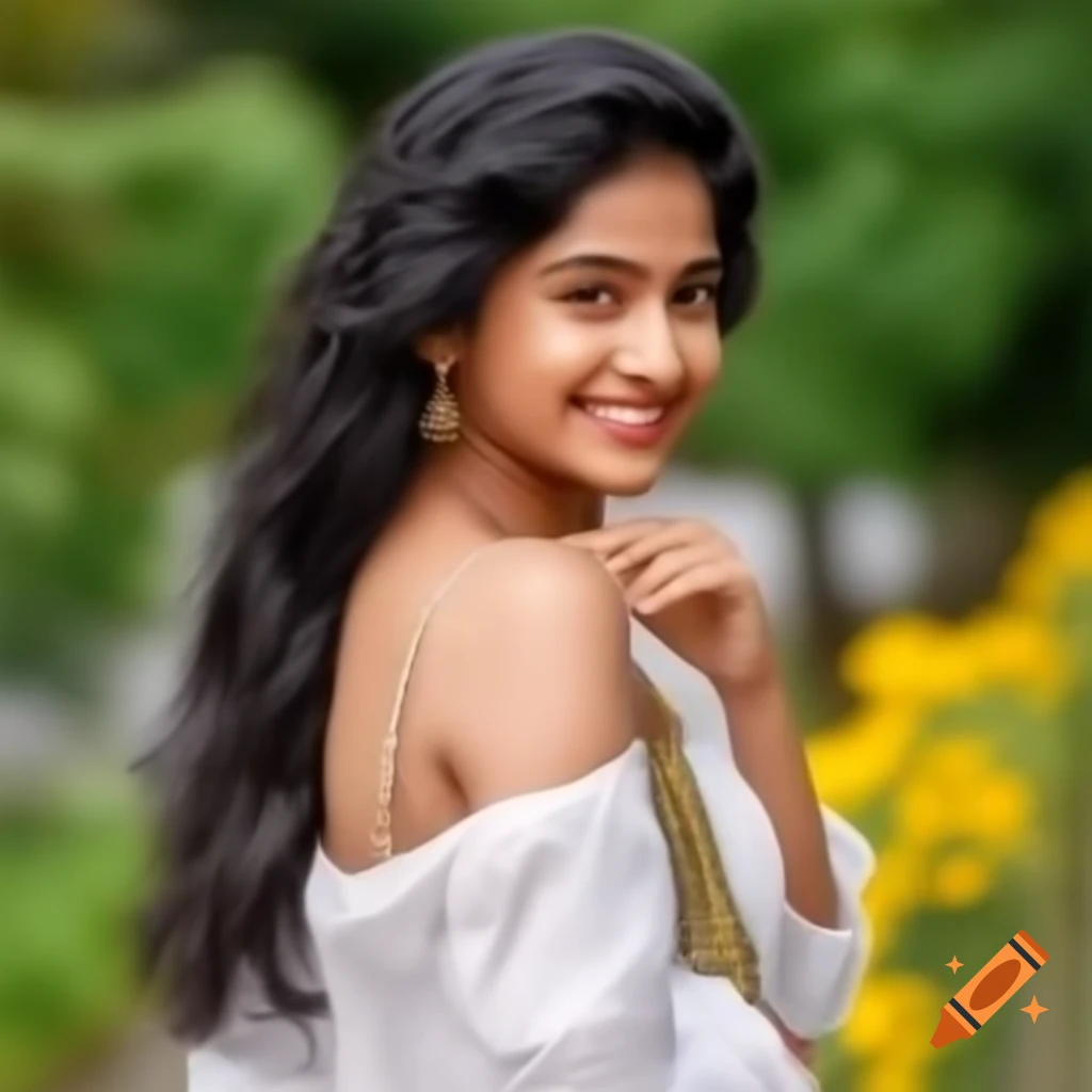 Portrait of smiling Indian woman in traditional saree in garden