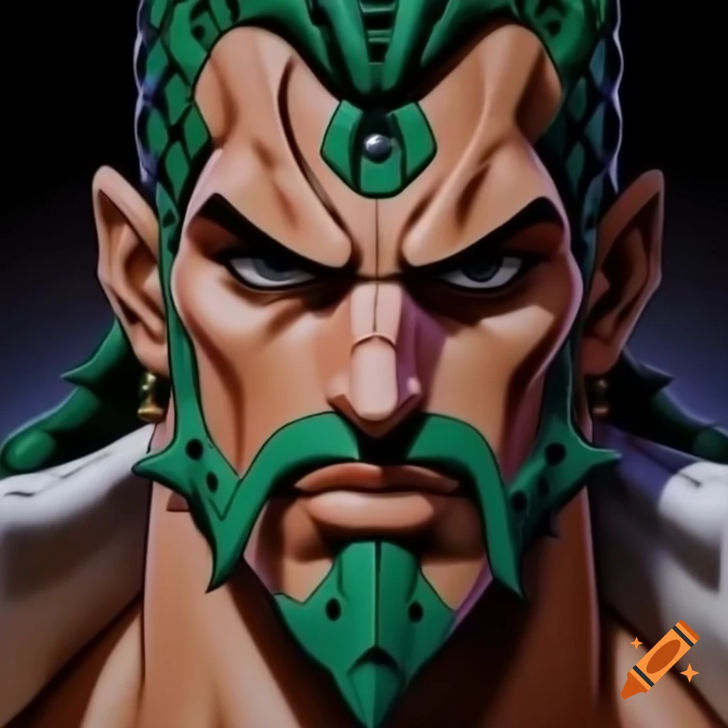 Detailed character with beard and Merinid flag eyes in JoJo style, Moroccan tiles background