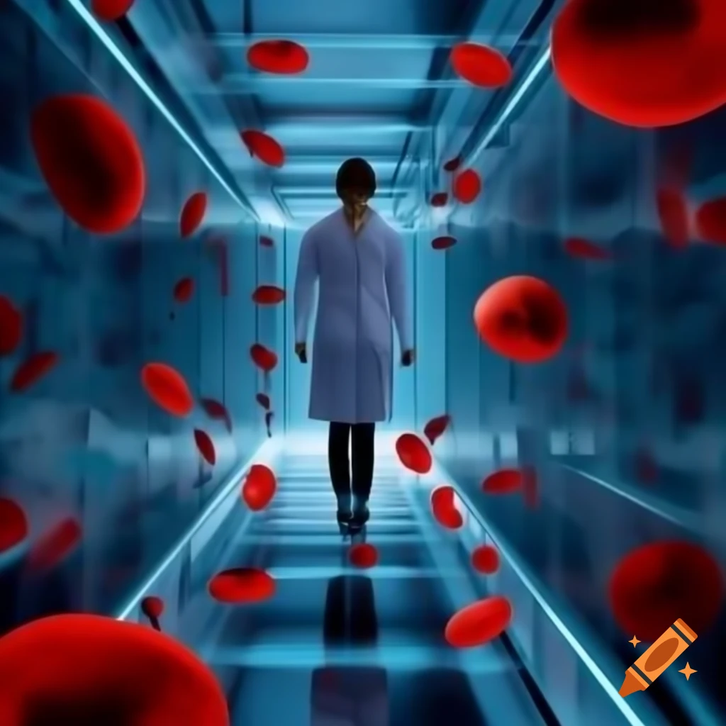 Futuristic Pathologist In Medical Lab With DNA Molecules And Red Blood 