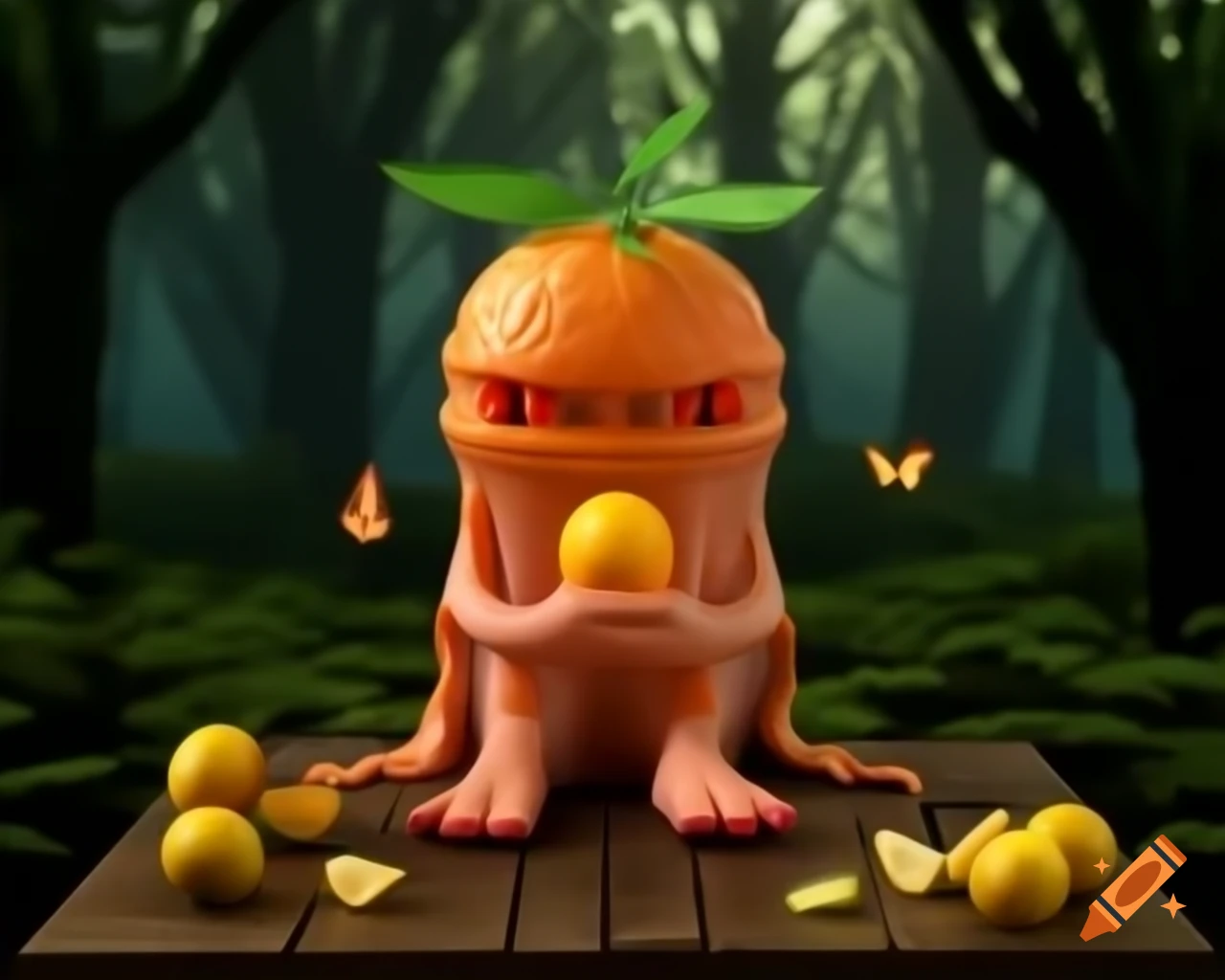 3D illustration of orange fruit tree monster with lemon face in forest setting