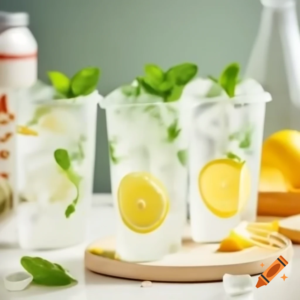Mint lemon drink in plastic cup with ice, decorated with lemon and mint