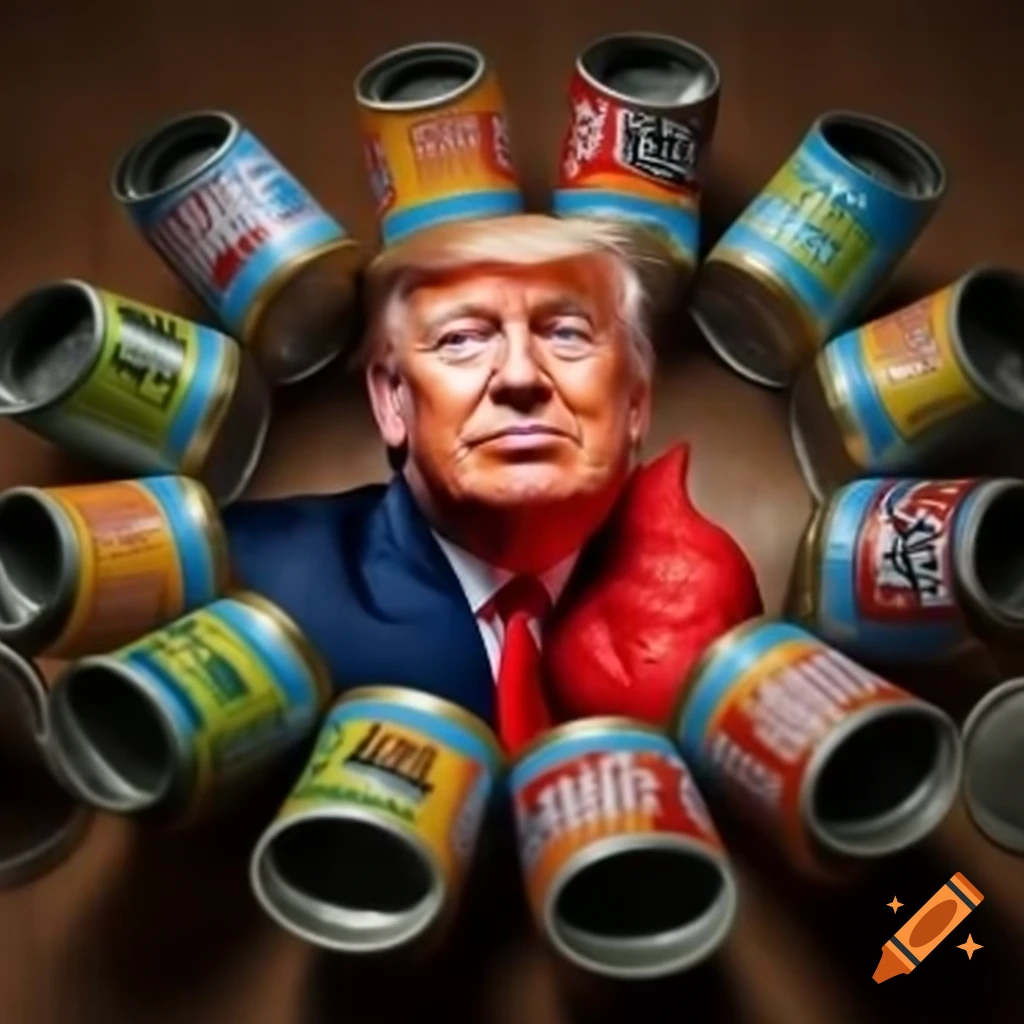 Cans of dog food featuring donald trump s face in an advertising scene