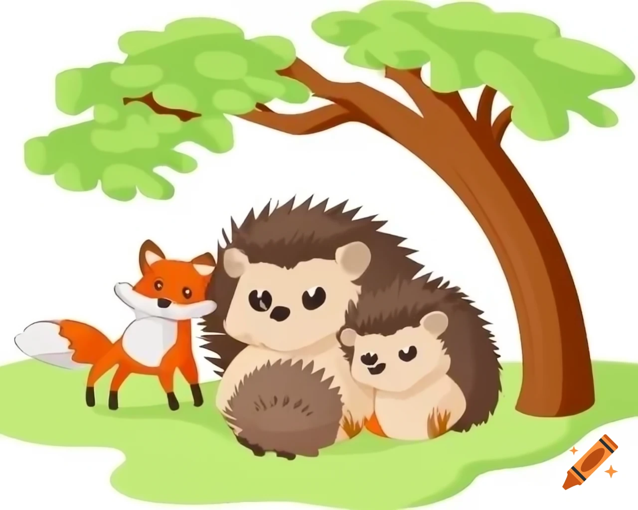 Hedgehog family with a fox under a tree