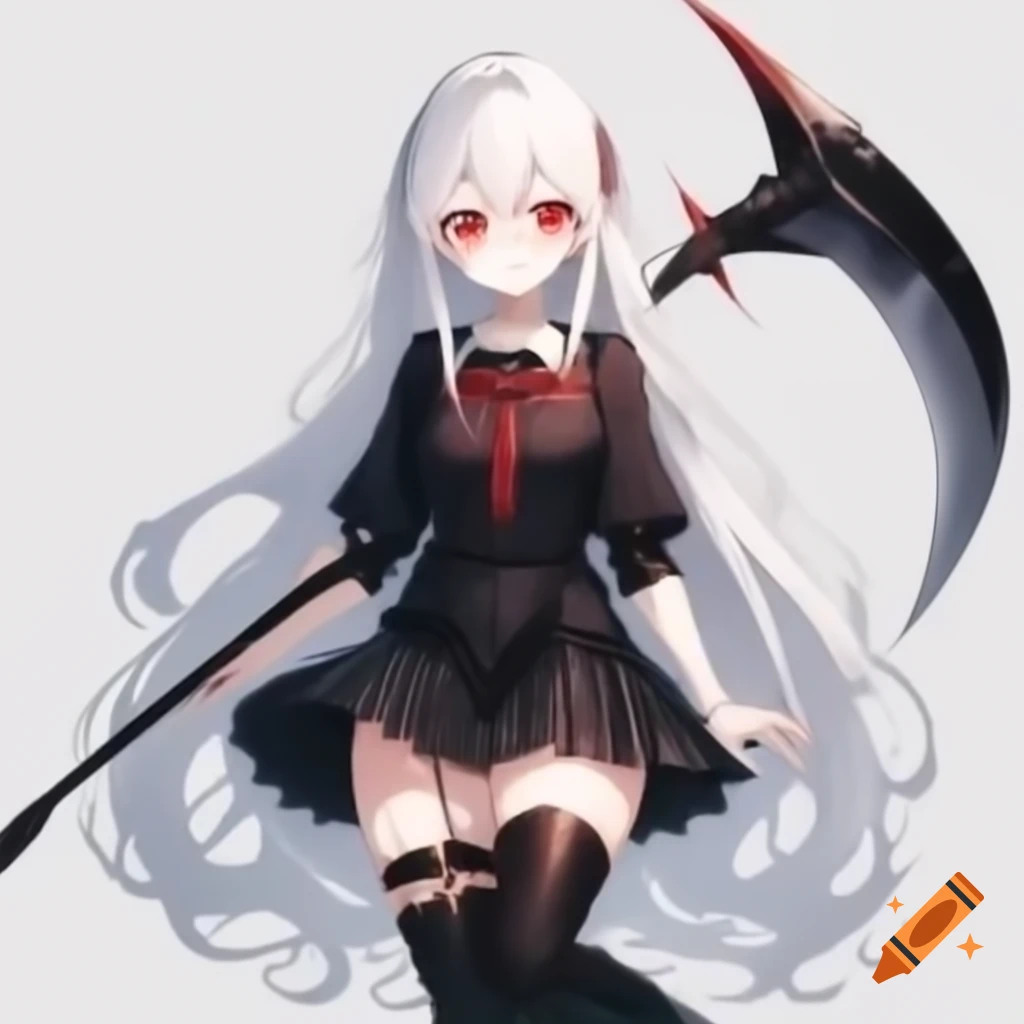 Anime vampire character with white hair and red eyes, holding a black scythe