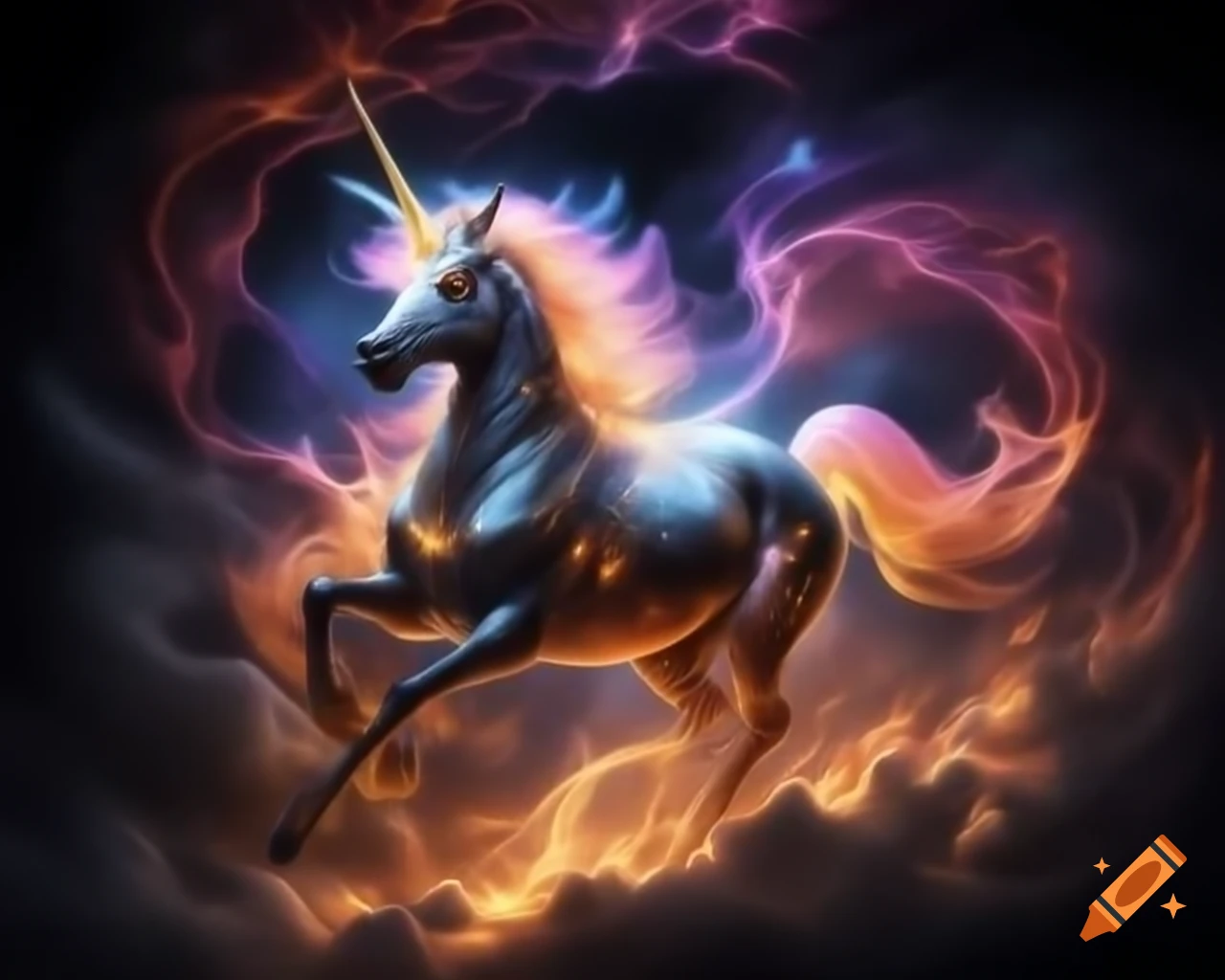 Unicorn galloping through heavenly light with cosmic mane