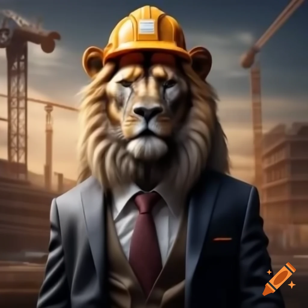 Charismatic lion in suit and safety cap as civil engineer with skyscrapers in background