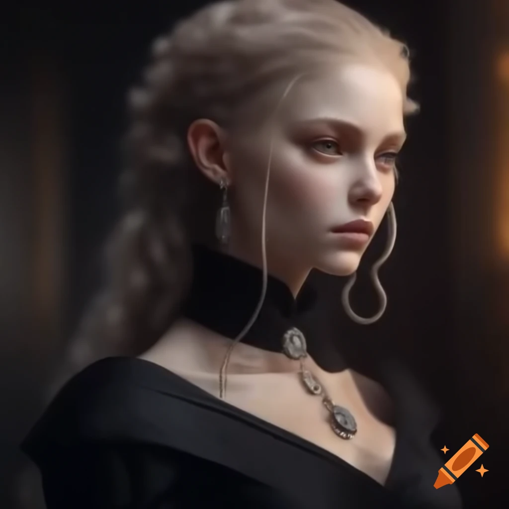 Delicate woman with pale features in black Victorian mourning gown and silver jewelry