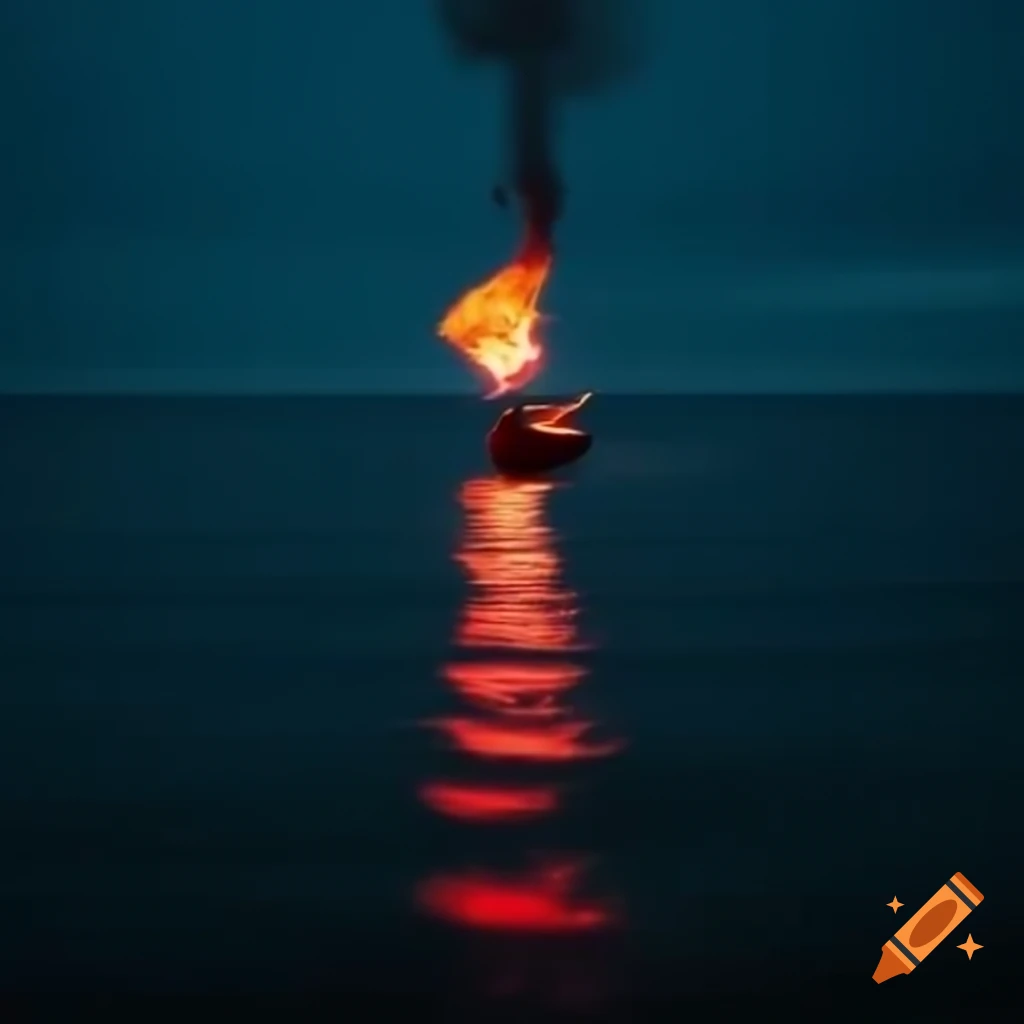 Small boat at night launching red flare illuminating the sea