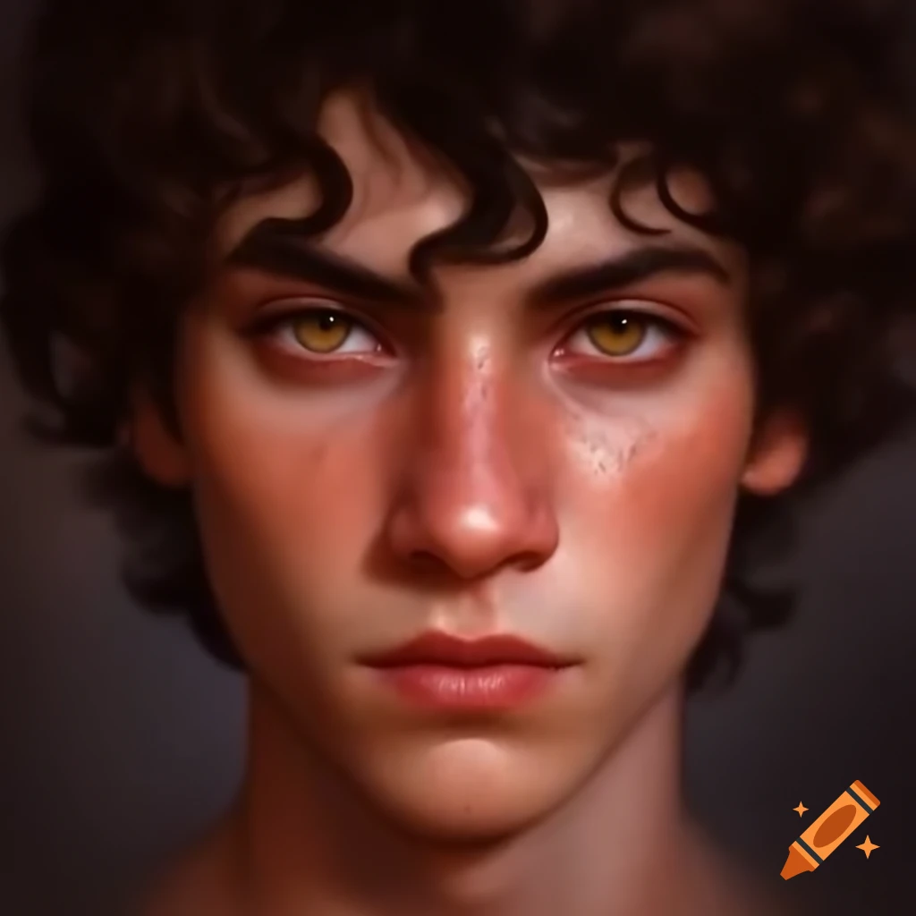 Young man with amber eyes and curly brown hair against mysterious backdrop