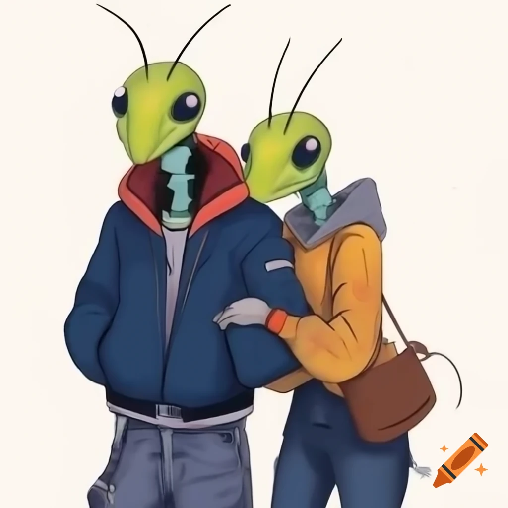 Drawing of two mantis-like female humanoids in jackets and jeans hugging