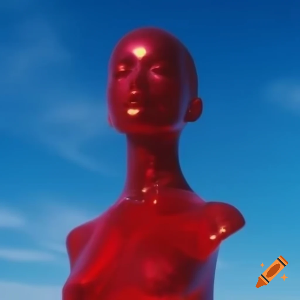 Red iridescent glass statue with bright sky, pop surreal 2000's photography