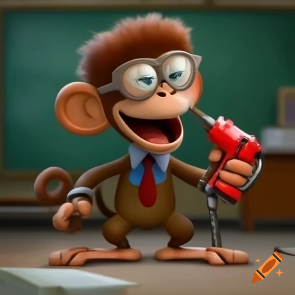 Cartoon monkey in school uniform playfully interacting with robot using a red drill