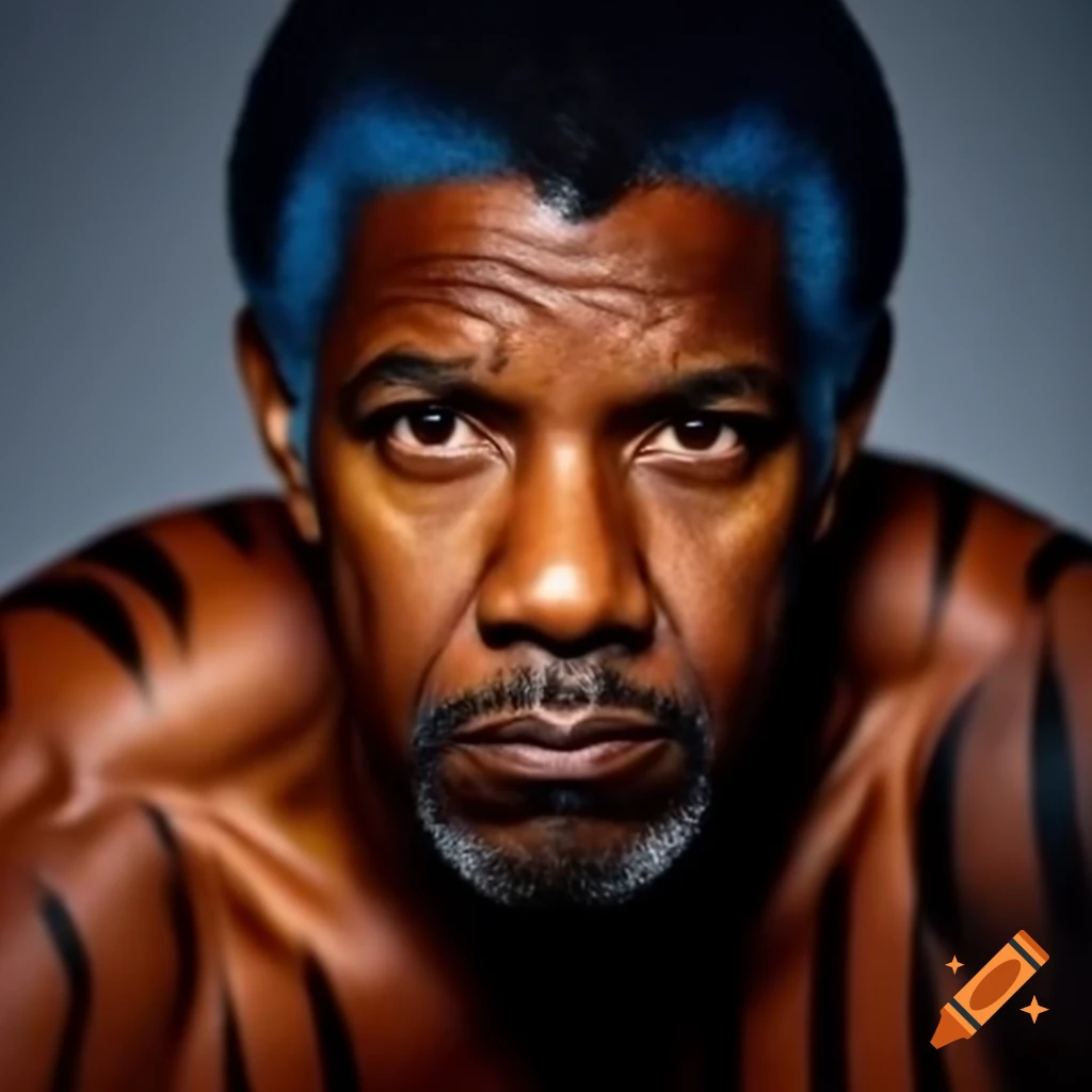 Muscular figure with tiger-style makeup featuring blue hair and orange skin
