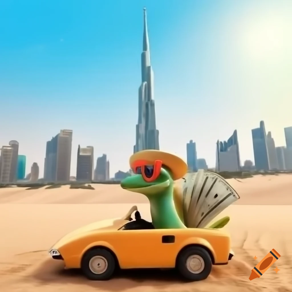Funny desert lizard in sunglasses and straw hat on miniature Lamborghini near Burj Khalifa