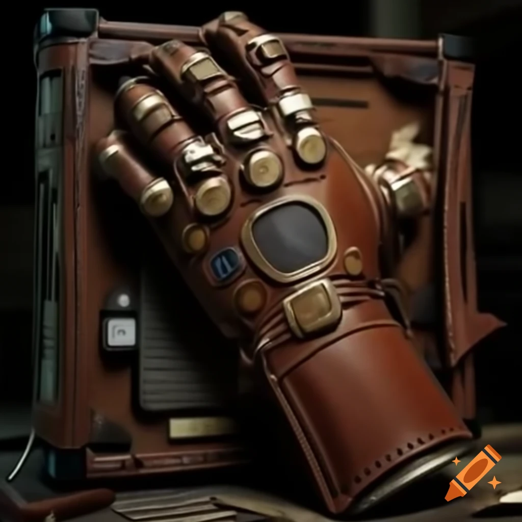 Leather and metal gauntlet with microchips and exposed electrical components