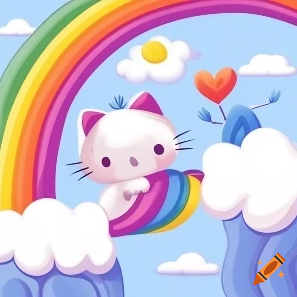 Kitty sitting on a vibrant rainbow