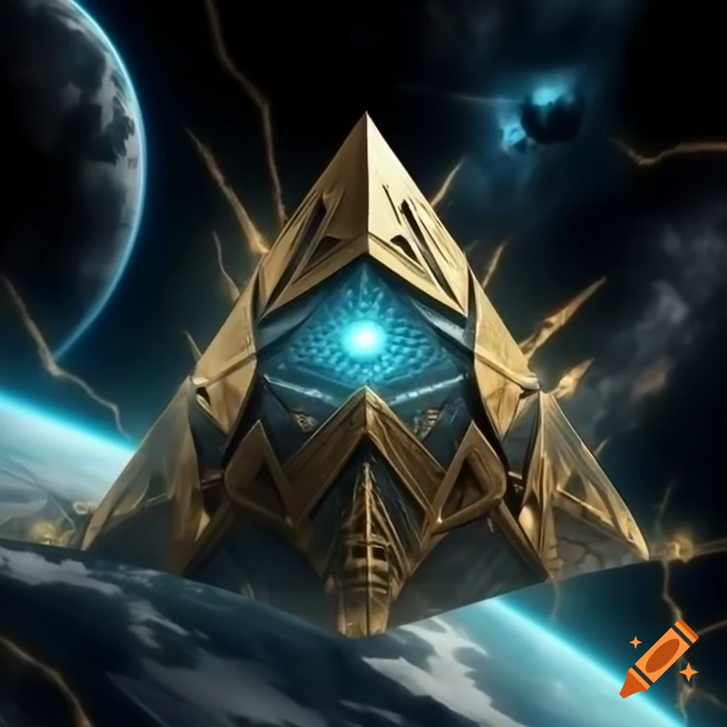Golden pyramid with cybernetic form and blue eye floating above Earth, mystical fusion