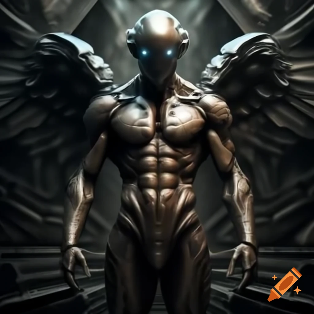 Muscular futuristic metallic angel with alien design hovering in metal room with obsidian glaive