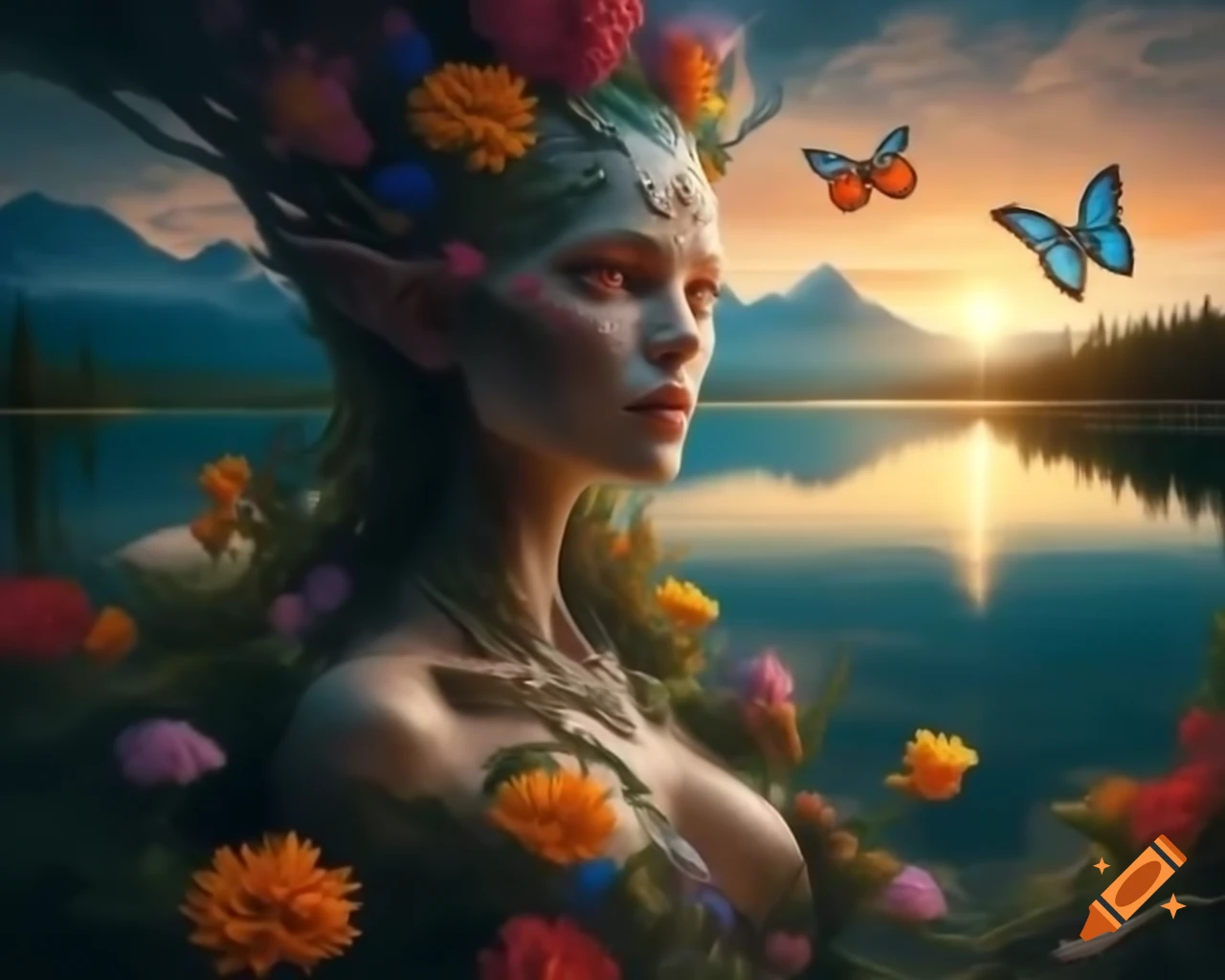 Surreal woman's face crafted from colorful flowers at mountain lake surrounded by ancient forest