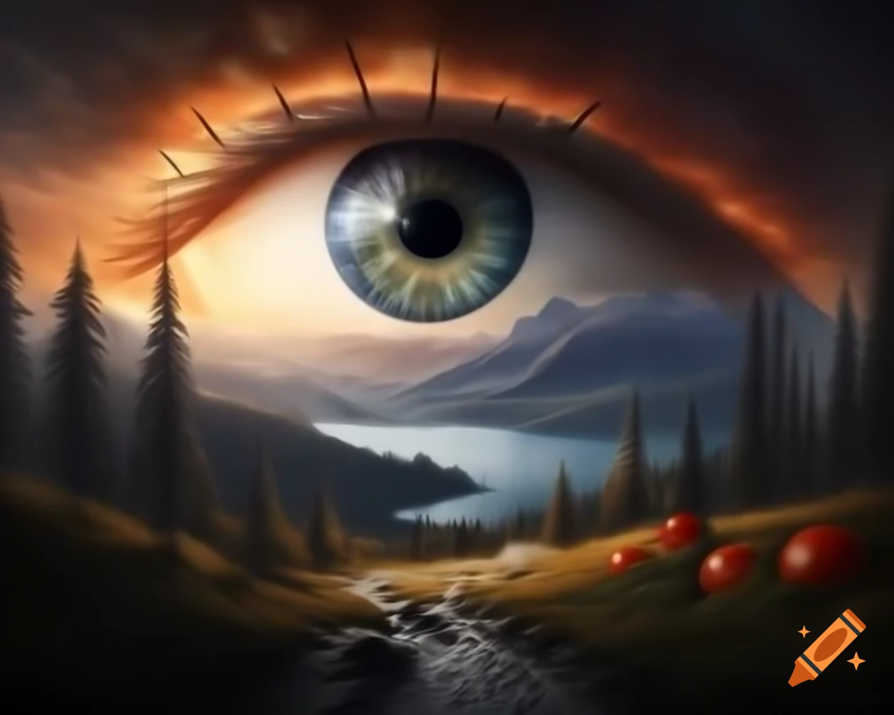 Surreal landscape with mountain range, giant eye, and field of tomatoes